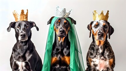 Three dogs wear crowns and green cape. Cute picture of royal dogs. Fun costume idea for pets. Perfect for social media and pet product promotions. AI