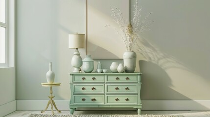 Modern mint colored living room interior featuring a light green chest of drawers, vases, a lamp, and a blank canvas poster for advertisement.