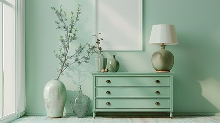 Modern mint colored living room interior featuring a light green chest of drawers, vases, a lamp, and a blank canvas poster for advertisement.