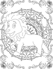 Lion on Mandala Coloring Page. Printable Coloring Worksheet for Adults and Kids. Educational Resources for School and Preschool. Mandala Coloring for Adults