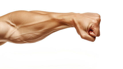 A man's arm is flexed and his fist is clenched. Concept of strength and power