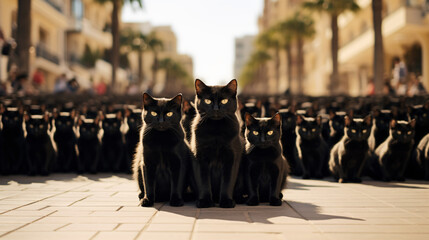 Many black cats are sitting on a street in daylight like a feline gang or army waiting for the enemy. Three black cats are standing in front of the group with a slightly evil & threatening stare.