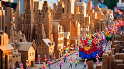 A cardboard city during a parade, with floats and performers all crafted from cardboard.