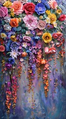 Fototapeta premium Vibrant floral artwork featuring a cascade of colorful flowers in various hues, perfect for adding a touch of nature to any space.
