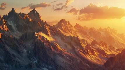 A breathtaking sunset casting warm colors over the mountain range, close-up perspective highlighting the beauty of the fading light and rugged peaks