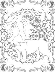 Lion on Mandala Coloring Page. Printable Coloring Worksheet for Adults and Kids. Educational Resources for School and Preschool. Mandala Coloring for Adults