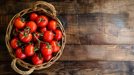 Basket filled with organic tomatoes, top view, isolated background, studio lighting emphasizing their vibrant color and fresh appeal