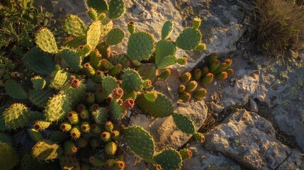 Bird's-eye view of a prickly pear cactus, green fruit highlighted by the setting sun in the desert, capturing the beauty of the natural scene