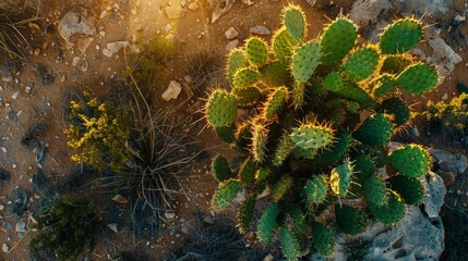 Bird's-eye view of a prickly pear cactus, green fruit highlighted by the setting sun in the desert, capturing the beauty of the natural scene