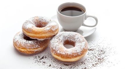 Breakfast advertising image with powdered sugar donuts and coffee, isolated white background, studio lighting emphasizing texture and detail