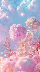 Surreal dreamy landscape of pink and white flowers against a whimsical sky of fluffy clouds with soft light. Ideal for fantasy themes.