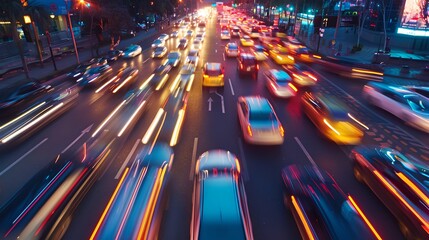 Busy City Traffic at Night Captured in Vibrant Motion Blur. Urban Energy and Speed in Photography. Dynamic View of Modern Life. AI