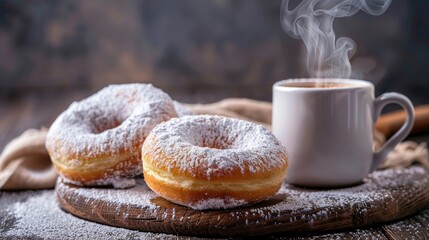 Breakfast scene with powdered sugar donuts and a steaming coffee cup, isolated background, studio lighting capturing every detail for advertising purposes