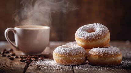 Breakfast scene with powdered sugar donuts and a steaming coffee cup, isolated background, studio lighting capturing every detail for advertising purposes
