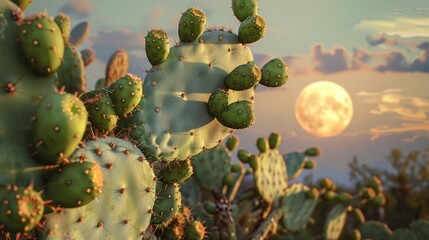 Cactus bearing green fruit, captured in close-up during a stunning desert sunset, with the moon starting to rise in the background, cactus garden setting