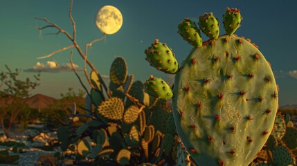 Cactus with green fruit at sunset in a desert garden, close-up view, night approaching with the moon rising in the clear sky