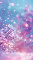 Magical, dreamy pastel background with beautiful cherry blossoms and sparkling bokeh lights, creating a serene, enchanting atmosphere.