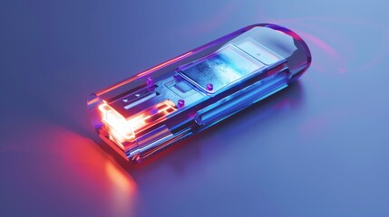 Close-up of a flash drive with a futuristic design, isolated on a clean background, enhanced by professional studio lighting, perfect for marketing