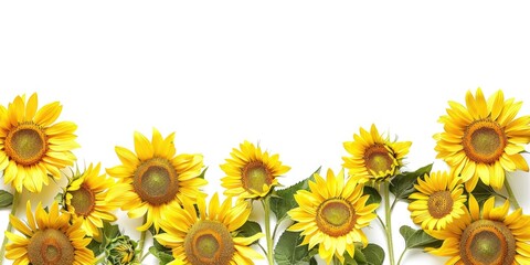 Vibrant sunflower border isolated on white background, bright yellow petals, copy space