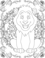 Obraz premium Lion on Mandala Coloring Page. Printable Coloring Worksheet for Adults and Kids. Educational Resources for School and Preschool. Mandala Coloring for Adults