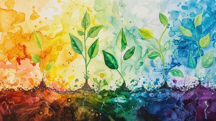 Fototapeta na wymiar Vibrant Watercolor of Soil Microbiome Supporting Plant Growth in a Burst of Natural Colors
