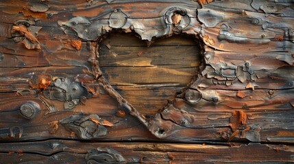 Vintage antique wooden background with a heart shape made with bark and pieces of wood around
