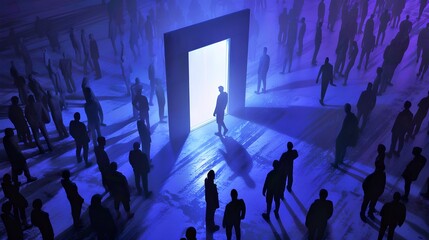 Conceptual representation of opportunity and the future with silhouetted people moving towards a bright doorway in a dark space. Evocative and moody, ideal for motivational topics. AI