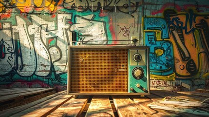 Vintage Radio in a room with graffiti on the walls and wooden floor