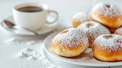 Close-up of breakfast scene with powdered sugar buns and coffee, isolated white background, professional studio lighting for advertising focus