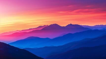Close-up of mountains at sunset, vibrant colors of the setting sun casting a warm glow, dramatic mountain silhouettes framing the sky