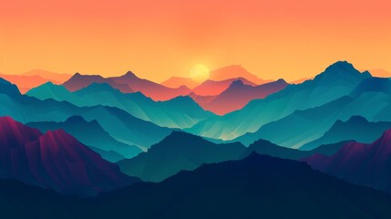 Obraz premium Close-up of mountains at sunset, vibrant colors of the setting sun casting a warm glow, dramatic mountain silhouettes framing the sky