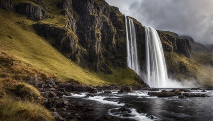 Obraz premium cinematisch aussehende landschaft mit traumhaften wasserfall, island, irland schottland