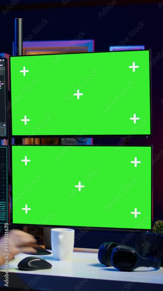 Poster vertical video hooded man writing lines of code on green screen pc from apartment, trying to get pas