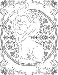 Lion on Mandala Coloring Page. Printable Coloring Worksheet for Adults and Kids. Educational Resources for School and Preschool. Mandala Coloring for Adults