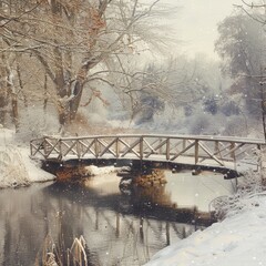 Detailed view of an aged wooden bridge blanketed in snow, crossing a calm river, surrounded by a peaceful winter scene