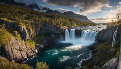 Obraz premium cinematisch aussehende landschaft mit traumhaften wasserfall, island, irland schottland