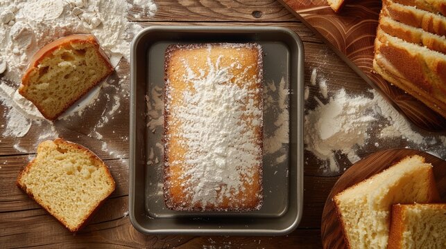 A small rectangular cake placed in a bread pan on a wooden surface alongside flour and slices of cake