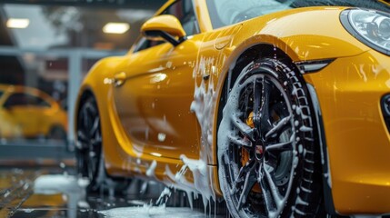 Obraz premium Washing with Soap and Foam. Yellow Performance Car Getting Care and Treatment at a Professional Vehicle Detailing Shop