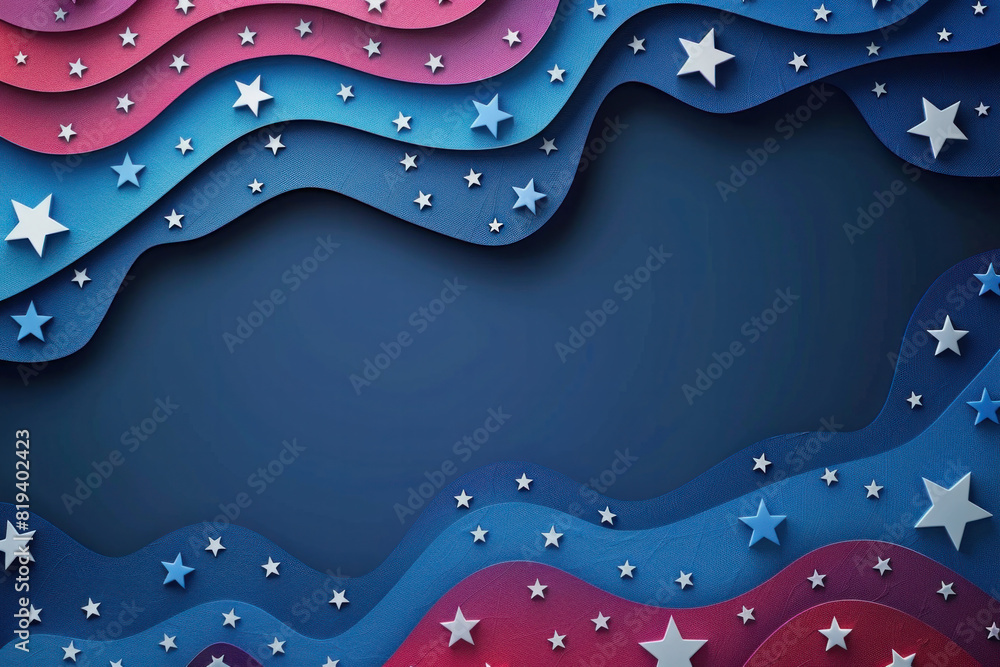 Poster a blue and red wave with stars on it. the stars are scattered throughout the wave, with some closer 