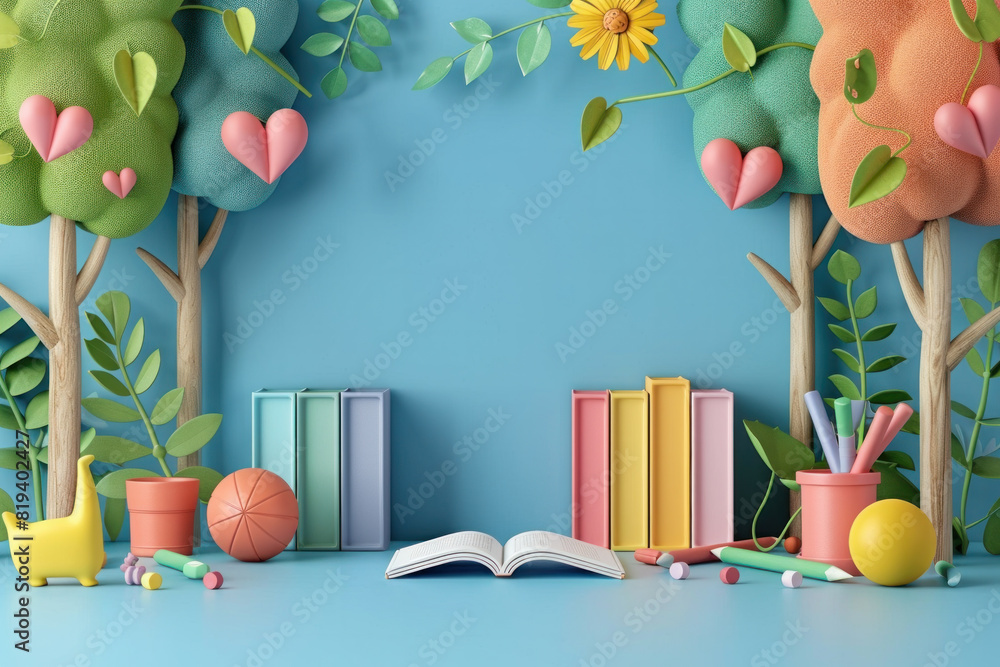 Poster a colorful scene of a forest with a book open on a table. the book is titled 