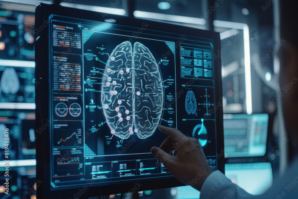 Poster a man is pointing at a computer monitor displaying a brain. concept of curiosity and fascination as 