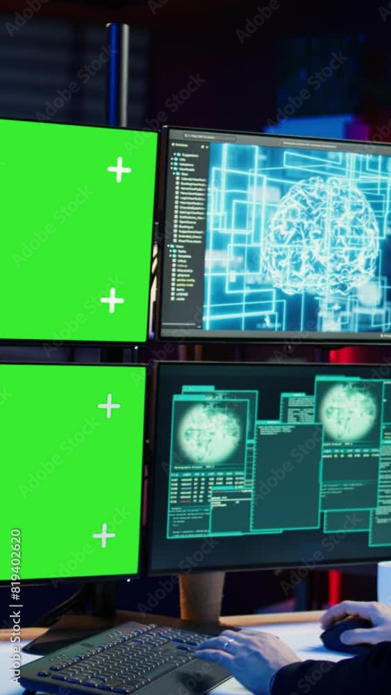 Aufkleber vertical video cybercriminal using ai deep learning to produce virus corrupting data on mockup pc. r
