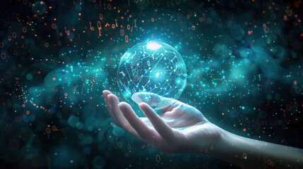 A hand is holding a blue sphere in a dark background. The sphere is surrounded by a network of lines and dots, giving the impression of a futuristic, technological object. Scene is one of wonder