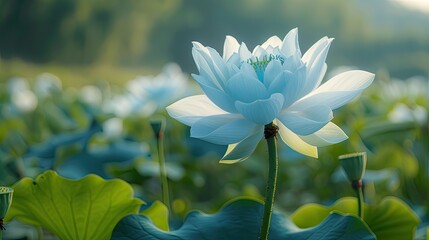 Obraz premium In the morning, in the valley, there was only one large blue white lotus with a thick and long stem, with layered petals and bright green leaves