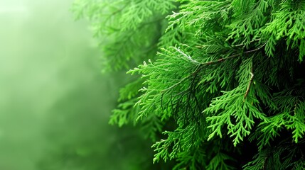 Fototapeta premium Close-up of vibrant green pine tree branches with delicate needles in a foggy forest. Perfect for nature and outdoor-themed projects.
