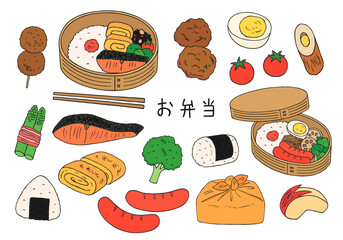 曲げわっぱ弁当箱と、弁当のおかずイラストセット（カラー）