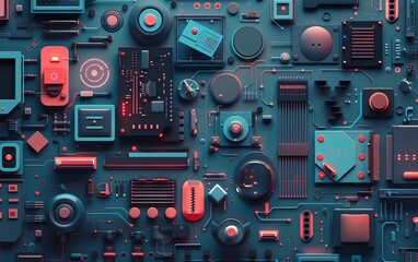 technology flat design top view AI theme 3D render Analogous Color Scheme