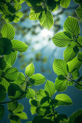 landscape in closeup, vibrant green leaves with sunlight filtering through them, sun shining through branches, fresh air, photorealistic // ai-generated 