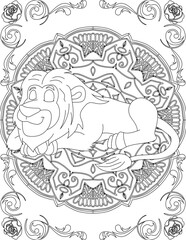 Lion on Mandala Coloring Page. Printable Coloring Worksheet for Adults and Kids. Educational Resources for School and Preschool. Mandala Coloring for Adults