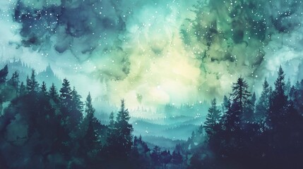 Fototapeta premium Watercolor Illustration Landscape with Fantastic Starry Sky and Forest.